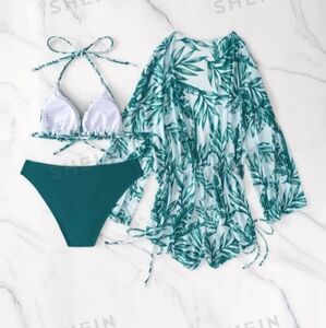 Summer Beach 3pc Tropical Print Halter Drawstring Bikini Side Bikini (L) 8/10